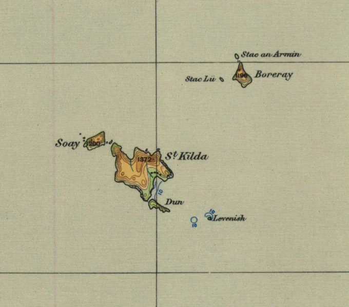detail of St Kilda from Ordnance Survey quarter inch to the mile map of the Northern Hebrides published 1923
