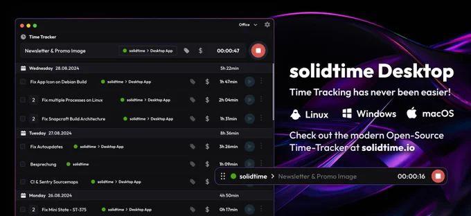 A screenshot of the solidtime Desktop application on the left and on the right the text "solidtime Desktop - Time Tracking has never been easier!" and below "Check out the modern Open-Source Time-Tracker at solidtime.io" and a screenshot of the mini-window of the application.