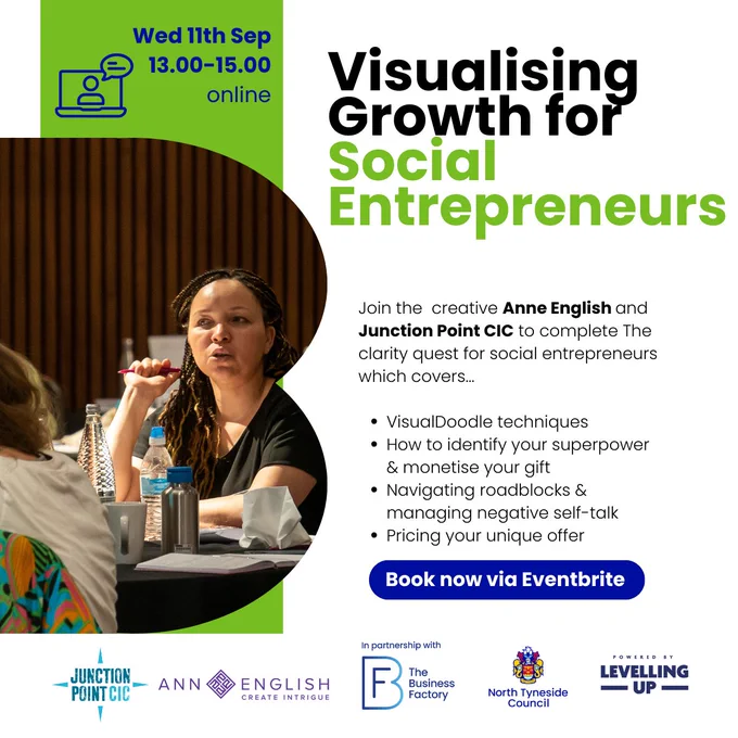 Visualising growth for Social Enterprises 

Wednesday 11 September
1 – 3pm
Online 

Join the creative Anne English and Junction Point CIC to complete the clarity quest for social entrepreneurs with covers… 

VisualDoodle techniques
How to identify your superpower & monetise your gift
Navigating roadblocks & managing negative self-talk 
Pricing your unique offer

Book now via Eventbrite