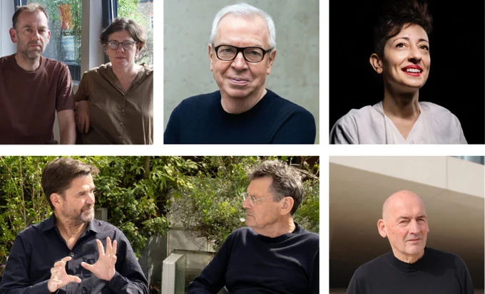 British Museum Western Range shortlisted architects. Top left-right: Tom Emerson, Stephanie Macdonald, David Chipperfield, Lina Ghotmeh. Bottom left-right: Jamie Fobert, Eric Parry, Rem Koolhaas