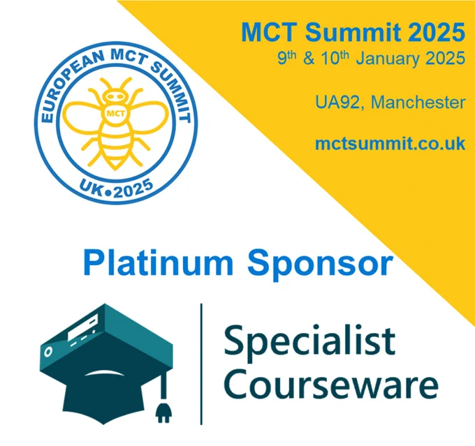 Yellow and white image advertising the MCT Summit 2025 on 9th & 10th January 2025 at UA92 in Manchester. 

Focus of image is the logo for Specialist Courseware and the word Platinum Sponsor