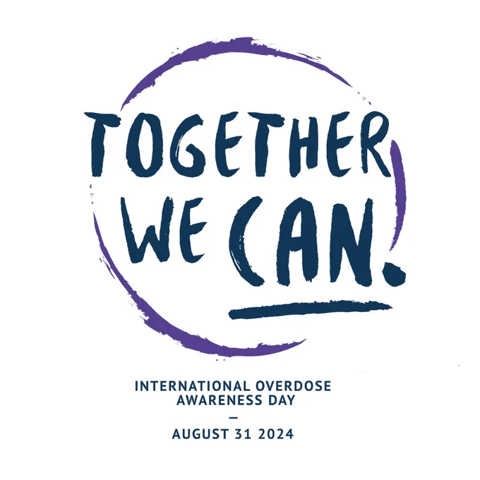 "On a white background it says Together We Can. in dark blue text in a purple brushed circle outline. Below in dark blue it says International Overdose Awareness Day - August 31st 2024.

The next slide is a dark blue background in white text it says #iOAD2024. Below it says International Overdose Awareness Day - Saturday, 31 August 2023. At the bottom there is the Intern atonal Overdose Awareness Day."