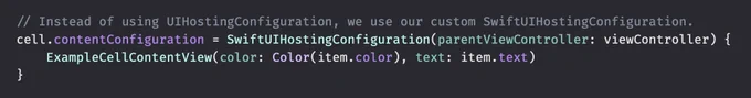 Code snippet showing how to use the custom SwiftUIHostingConfiguration.