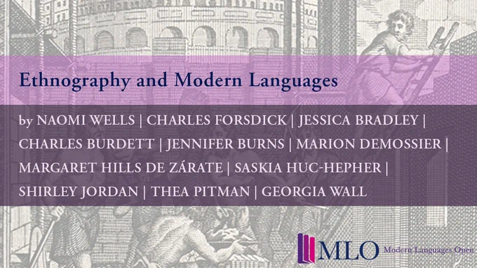 'Ethnography and Modern Languages' on a pink rectangular banner panel above the authors names on a purple panel below with the MLO logo on the bottom right.