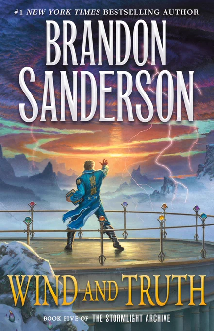 Dalinar stands with a book his hands, raising his other hand to the sky over a storm.