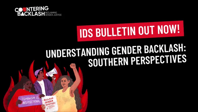 A branded Countering Backlash graphic card. Words read "IDS bulletin out now! Understanding Gender Backlash: Southern Perspectives". In the left corner there is an illustration of three people attending a protest, holding signs in support of gender equality.
