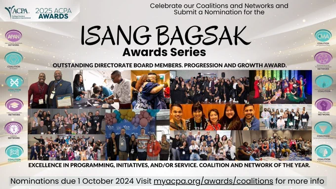 Flyer with gold and silver background displaying 12 different photos including volunteer leaders engaging membership and providing them information, recognizing others with awards, and displaying their joy to be in community. Logos for each of the groups within the Coalitions and Networks in their respective teal blue and light purple are on the side edges. The main text provides the award names and invites folx to celebrate and recognize these groups through submitting an award nomination by the October 1 deadline.