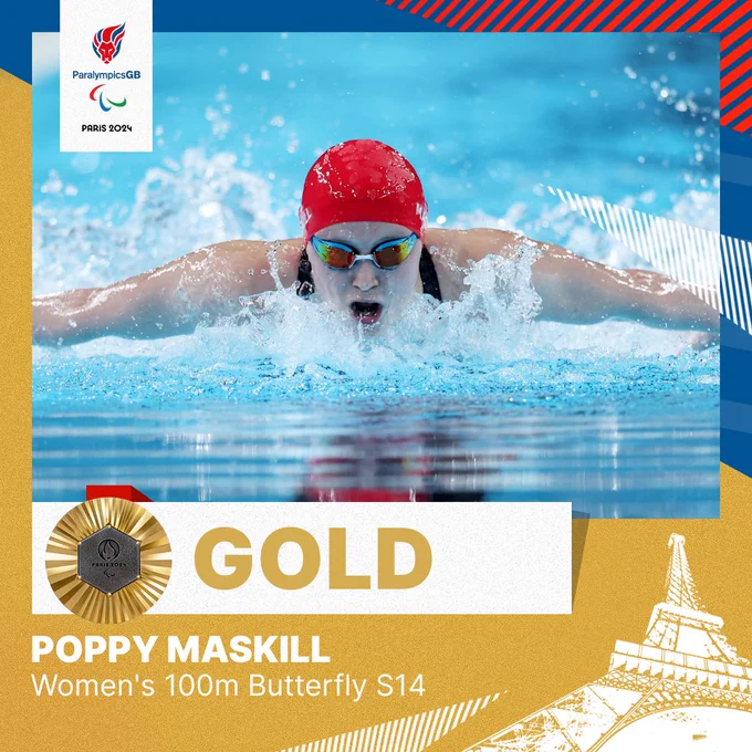 a gold medal graphic with poppy maskill doing the butterfly in the pool - womens 100m butterfly s14