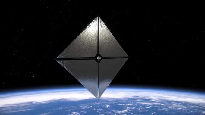 An artist's concept of the Advanced Composite Solar Sail System with its large silver sail unfurled in low Earth orbit. The Earth horizon is visible below, and stands out against the black backdrop of space. Credit: NASA/Aero Animation/Ben Schweighart