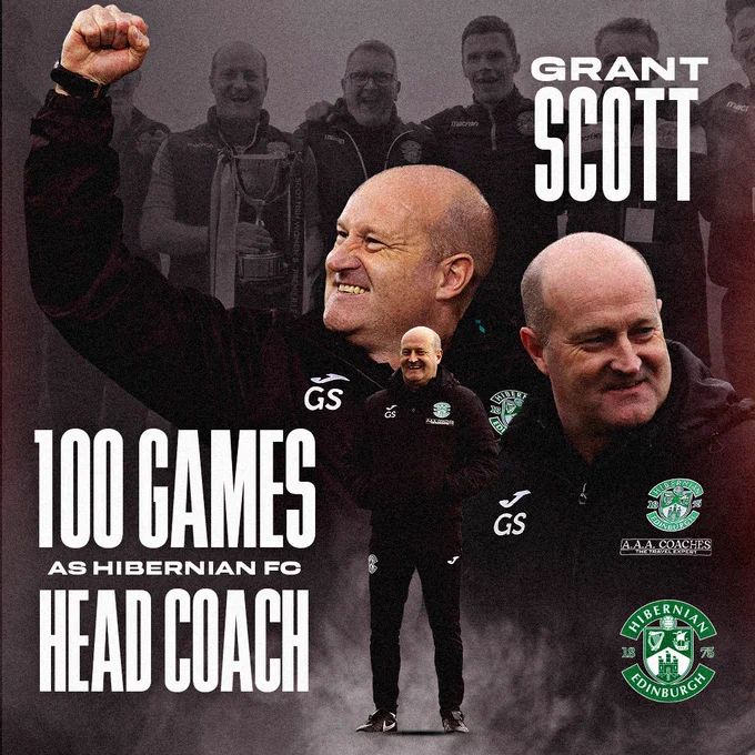 A graphic celebrating Grant Scott's 100 games as Hibernian FC Head Coach.

A selection of images of Scott as Hibs Head Coach feature.