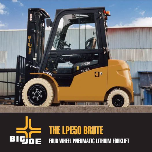 Pictured: Forklift with white tires
Big Joe The LPE50 Brute Four Wheel Pneumatic Lithium Forklift