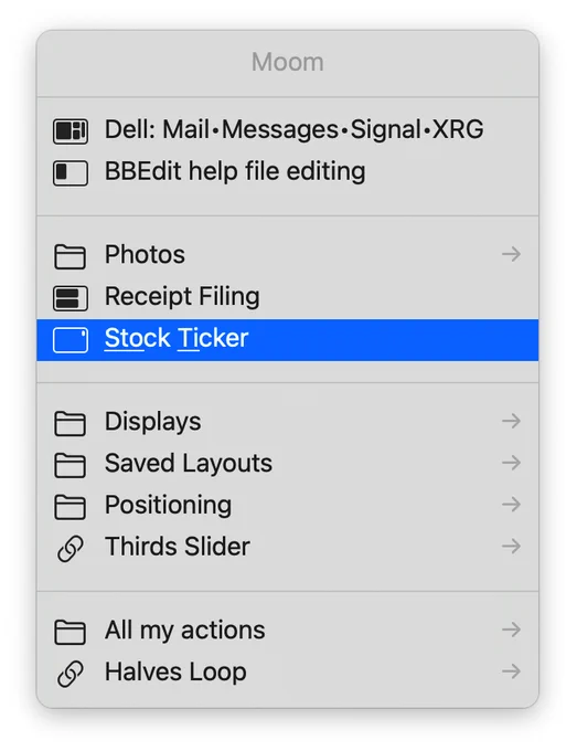 Moom's built-in all-actions pop-up window.