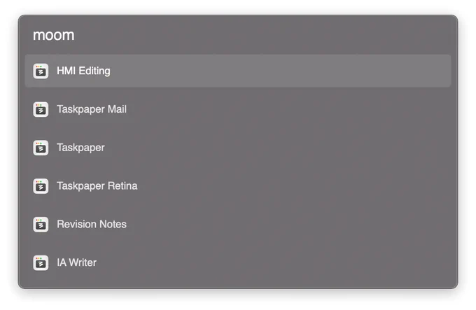 An Alfred workflow to access Moom's saved layouts.