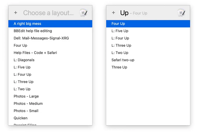 A Keyboard Maestro macro to select Moom's saved layouts.