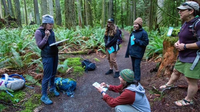 Educators gather in a circle to discuss findings and take notes, with green ferns and mossy trees in the background.