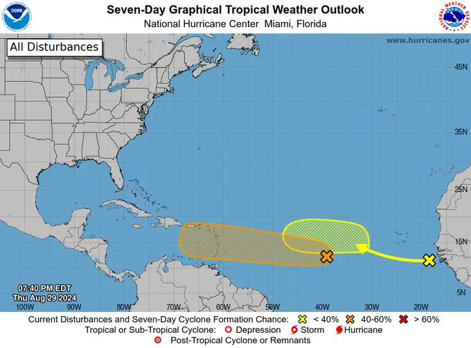 7 day Tropical Weather Outlook Graphic for 8pm EDT 29 August 2024 highlighting two tropical waves with a chance to become tropical cyclones. 