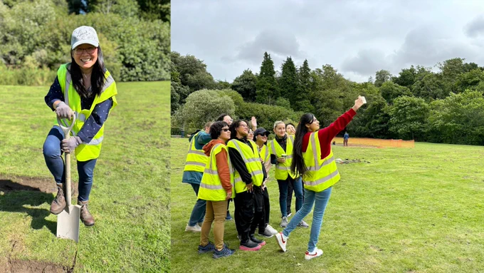 On the left an image of a woman smiling at the camera whilst she digs into the turf with a spade. On the right, a group taking a selfie. 