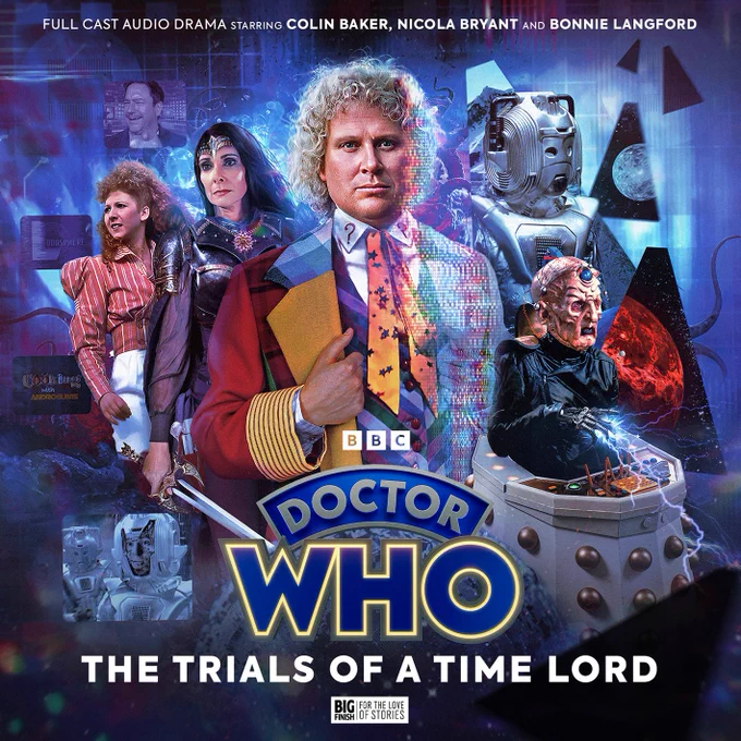 The cover of The Trials of a Time Lord, with cover art by Sean Longmore. In the centre is The Sixth Doctor but about 40% of his left side has faded into rainbow pixels. To his right are warrior queen Peri in armour and Mel in her Time and the Rani outfit. Floating around them are several screens showing futuristic tv shows, plus one with two cybermen, one of whom's human face is peaking through. To the left are Davros (who is shootiing electricity from his hand) and the Cyberleader. Several of the infamous black kidnapping triangles float around, like windows showing planets and stars. The background is a purple blue mix with a screen-like effect. Tentacles and cogs can be glimpsed. 