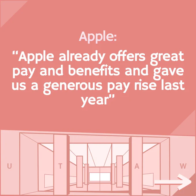Apple:
"Apple already offers great pay and benefits and gave us a generous pay rise last year"