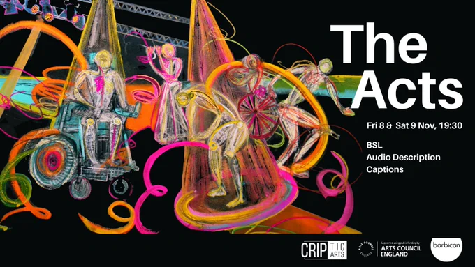 An abstract painting by Rachel Gadsden, showing five figures made of white lines flowing around a stage. From left to right: figure one is an electric wheelchair user underneath a spotlight, mid-movement; figure two stands at the back of the stage with their hands up as if they are signing; figure three is bent double, as if in a bow; figure four, a manual wheelchair user, is mid-movement; and figure five is in a running pose as if moving swiftly offstage. The figures are surrounded by swirling lines of pink, orange, green, blue and yellow, representing their movement & stage lighting. The overall feeling is one of vibrant movement.