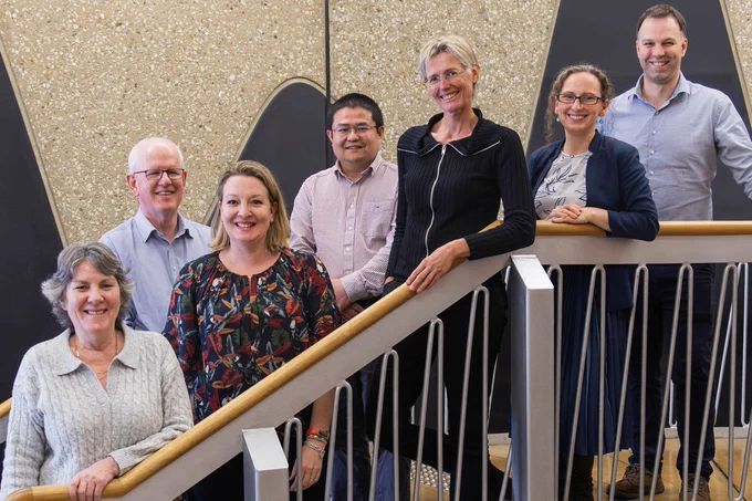 Pictured (left to right): MS Centre of Research Excellence chief investigator (CI) team members Chris Gumley, Professor Bruce Taylor, Natasha Stevens, Dr Yuan Zhou, Professor Ingrid van der Mei, Professor Kaylene Young, Associate Professor Brad Sutherland. Absent: Dr William Reay