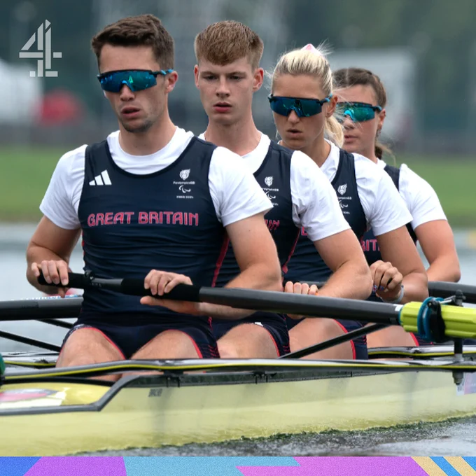 The ParalympicsGB PR3 Mixed Coxed Four team. From front to back: Ed Fuller, Josh O'brien, Giedre Rakauskaite, Frankie Allen