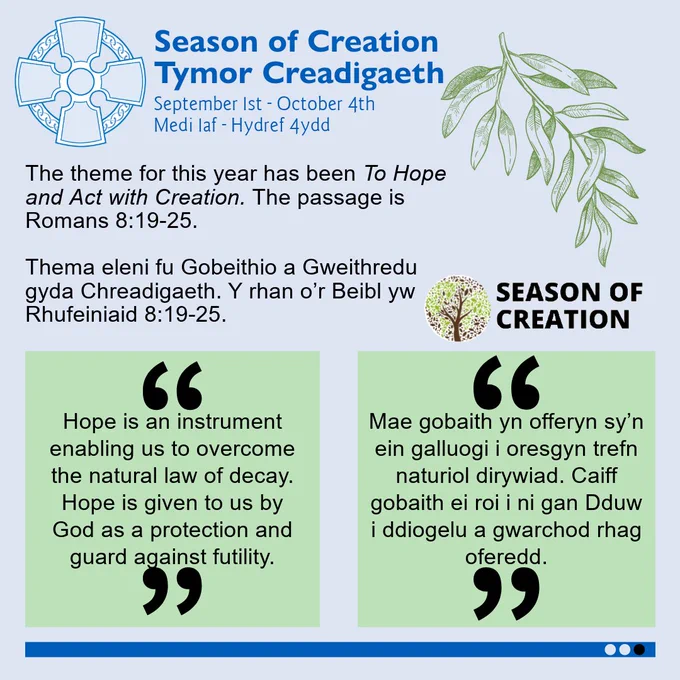 A square light blue graphic. The Church in Wales logo is in the top left-hand corner. The title reads, in dark blue: "Season of Creation | Tymor Creadigaeth. September 1st - October 4th | Medi 1af - Hydref 4ydd". To the right a green olive branch, pointing downwards. The text to the left reads: "The theme for this year has been To Hope and Act with Creation. The passage is Romans 8:19-25. Thema eleni fu Gobeithio a Gweithredu gyda Chreadigaeth. Y rhan o’r Beibl yw Rhufeiniaid 8:19-25." Below is are two green quote boxes, reading: "Hope is an instrument enabling us to overcome the natural law of decay. Hope is given to us by God as a protection and guard against futility. Mae gobaith yn offeryn sy’n ein galluogi i oresgyn trefn naturiol dirywiad. Caiff gobaith ei roi i ni gan Dduw i ddiogelu a gwarchod rhag oferedd."