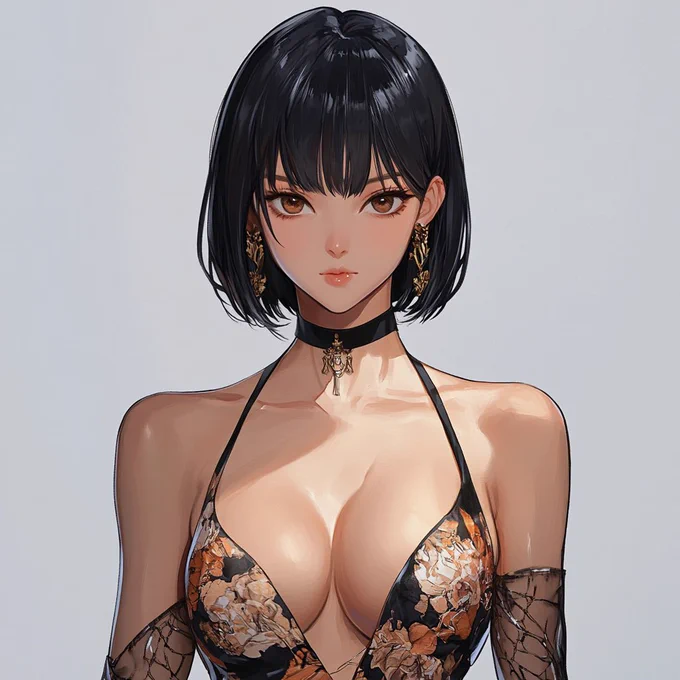 Refined anime girl with a short bob haircut, sleek jet-black hair, and soft bangs framing her face. She has large, expressive eyes with a subtle blush on her cheeks, wearing a chic, body-hugging dress with an abstract pattern in earthy tones. The dress has thin straps, revealing her graceful shoulders. She accessorizes with long gold earrings, a black choker with a small bow, and semi-transparent lace gloves. Her legs are crossed, wearing glossy, semi-sheer stockings and black high heels with ankle straps. The background is minimalistic, emphasizing her elegant and fashionable presence --v 6.1