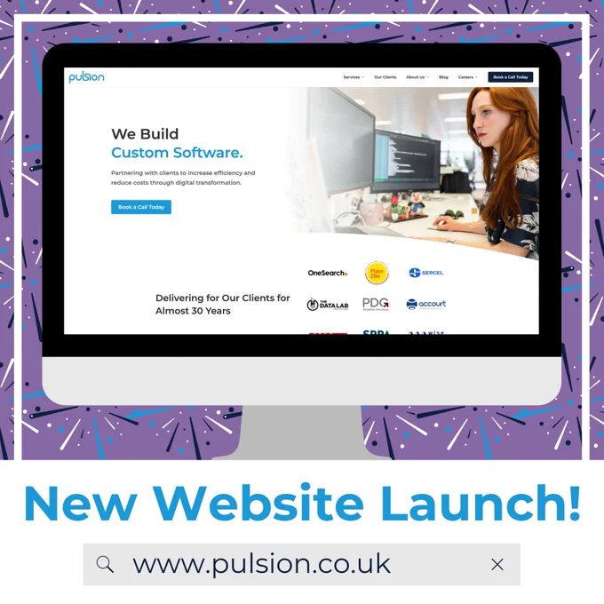 Graphic: Illustration of a computer screen displaying the new Pulsion homepage. Text: New Website Launch!; www.pulsion.co.uk