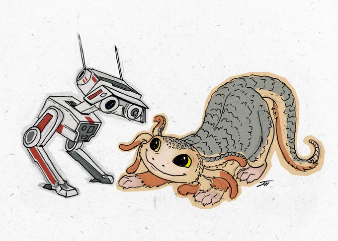 Colored sketch of BD-1 from Jedi Survivor meeting Nix from Star Wars Outlaws