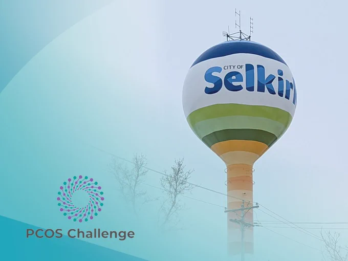 a photo of the Selkirk Water Tower with a teal gradient and the PCOS Challenge logo