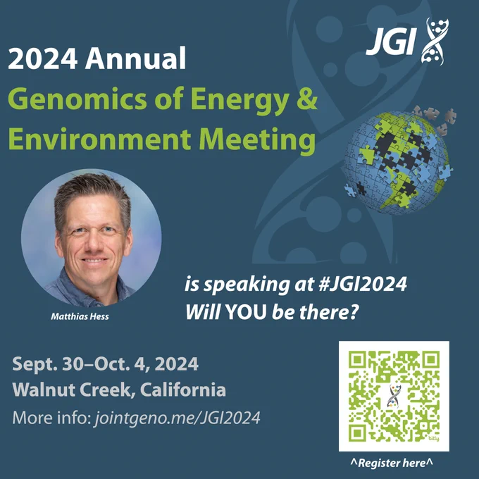Promotional graphic for the 2024 Annual Genomics of Energy & Environment Meeting, hosted by JGI. The background is blue with a DNA double helix design and a globe made of puzzle pieces in green, blue, and gray. The text reads: '2024 Annual Genomics of Energy & Environment Meeting' and 'Sept. 30–Oct. 4, 2024, Walnut Creek, California.' Below the text is a circular photo of Matthias Hess, who is listed as a speaker at the event. The graphic also includes the URL jointgeno.me/JGI2024 and a QR code for registration and the hashtag '#JGI2024'.