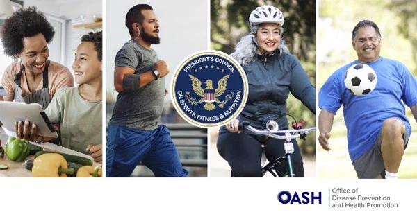 A promotional graphic for the President's Council on Sports Fitness & Nutrition (PCSFN). The graphic includes four scenes: a mother and son reviewing a recipe on a tablet in the kitchen, an adult running outside, an adult riding a bicycle, and an adult playing with a soccer ball. The PCSFN seal is centered between the four scenes. 