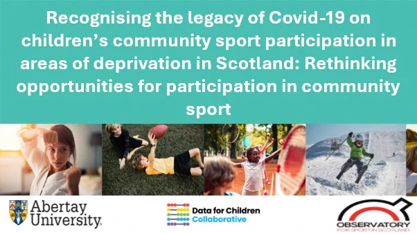 Title slide with pictures of children participating in various sports. Title Recognising the legacy of Covid-19 on children’s community sport participation in areas of deprivation in Scotland: Rethinking opportunities for participation in community sport
