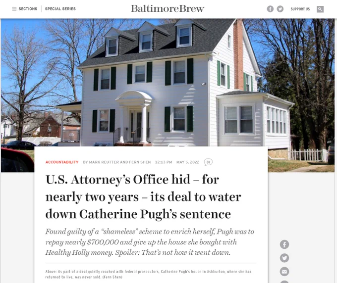 As part of a deal quietly reached with federal prosecutors, Catherine Pugh’s house in Ashburton, where she has returned to live, was never sold. Photo shows three-story white clapboard colonial with green shutters. (Fern Shen)