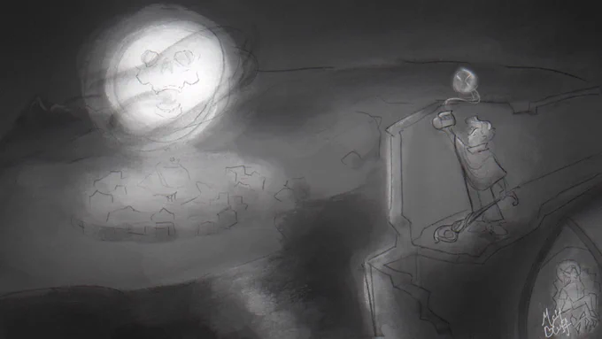 A vignette sketch of a major scene from a home Pathfinder campaign, showing a young girl standing atop ruins, holding up a small container out from which a fairy flies. In the distance, a terrible sun rises from the ruins of a town’s church. A skull in the middle of this sun laughs sinisterly as it looms over the town