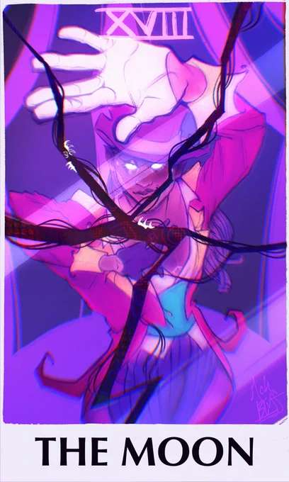 The Moon tarot card, featuring a strange man dressed like a circus ringleader with hands reaching above him toward the viewer. The canvas is segmented like a broken mirror, with strange hands reaching out from between the cracks