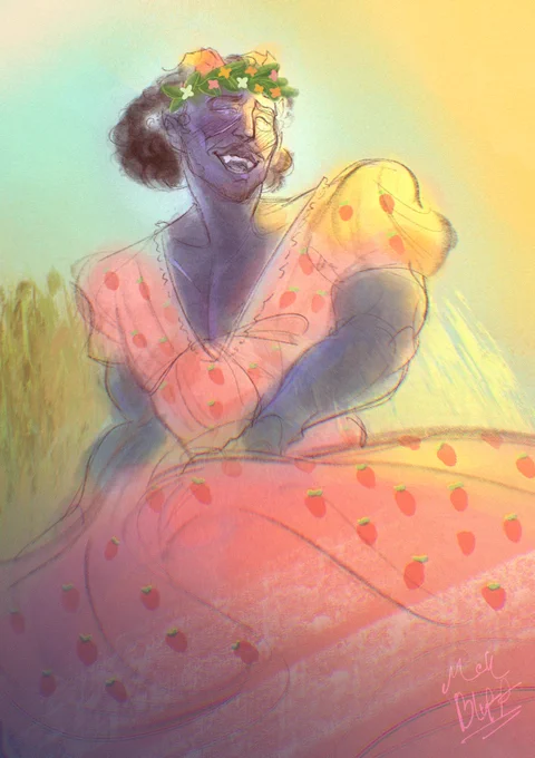 Amos, my Tiefling Paladin / Champion of Redemption, spinning around joyfully in a pink dress decorated with strawberries