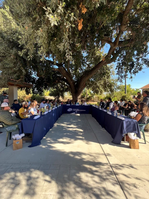 Outdoor panel discussion under a large tree with attendees seated on either side of a long table.