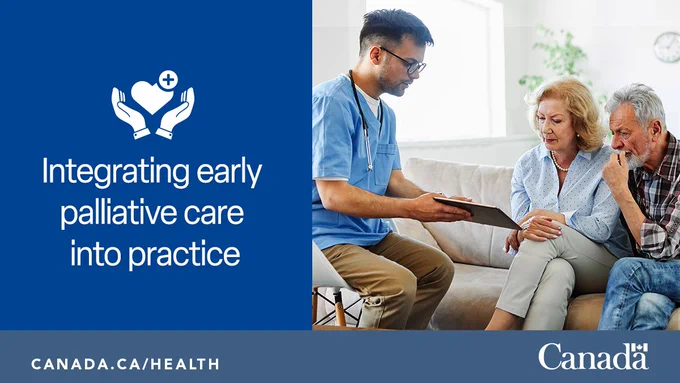 A home nurse and senior man and woman discussing medical data on couch. Text reads “integrating early palliative care into practice”.