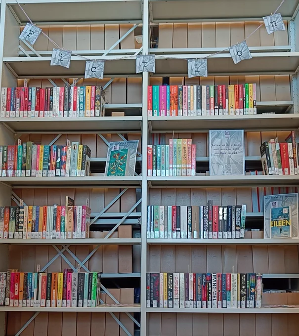 Fiction collection on shelves with bunting and Librarian recommended book