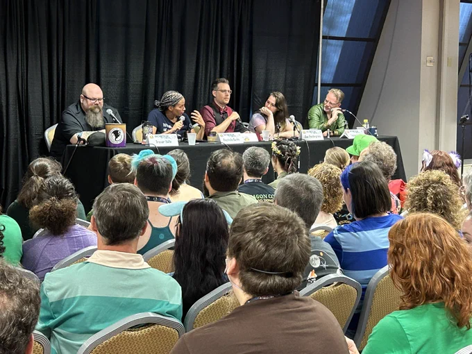 Trevor Valle, Raychelle Burks, Ryan Consell, Rae Pendergrass, and Topher Hunter on the “What Wine Pairs With My Science?” panel at Dragon Con.