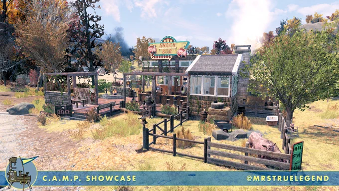 A screenshot from Fallout 76 showing a restaurant with a Brahmin pen outside. There is an ourdoor seating area with a grill and a bar on the patio.