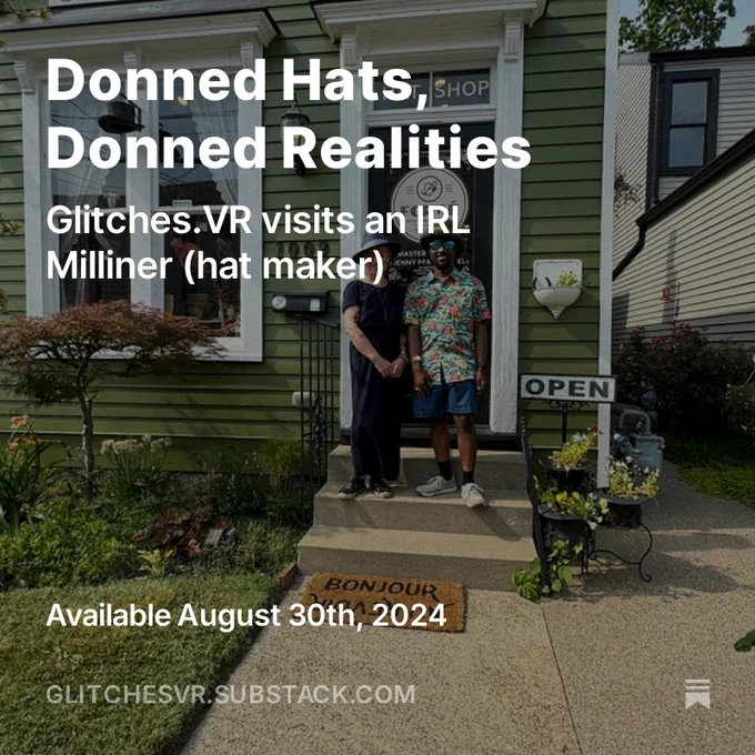 This is a promotional image for a GlitchesVR interview featuring master milliner Jenny Pfanenstiel in Louisville, Kentucky.