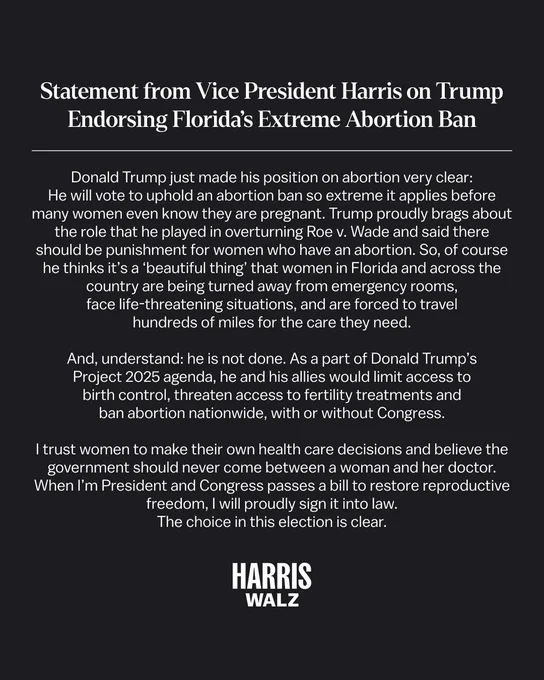 Statement from Vice President Harris on Trump Endorsing Florida's Extreme Abortion Ban
