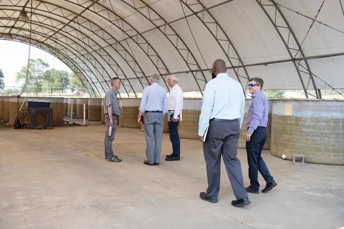 Aquaculture tanks lined up under an outdoor covering at the MAFES H.H. Leveck Animal Research Center Aquaculture Facility while guests milled around. (Photo by Tom Thompson) 
