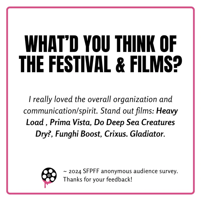I really loved the overall organization and communication/spirit. Stand out films: Heavy Load , Prima Vista, Do Deep Sea Creatures Dry?, Funghi Boost, Crixus. Gladiator.
