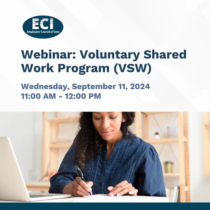 A social media graphic featuring a woman working on a paper at a desk with a laptop computer. The text reads, "Webinar: Voluntary Shared Work Program (VSW) - Wednesday, September 11, 2024. 11:00 AM - 12:00 PM. 