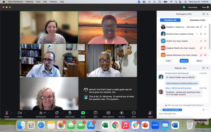 Screenshot of a zoom webinar with 5 physician and phd panelists speaking to a group of medical students.