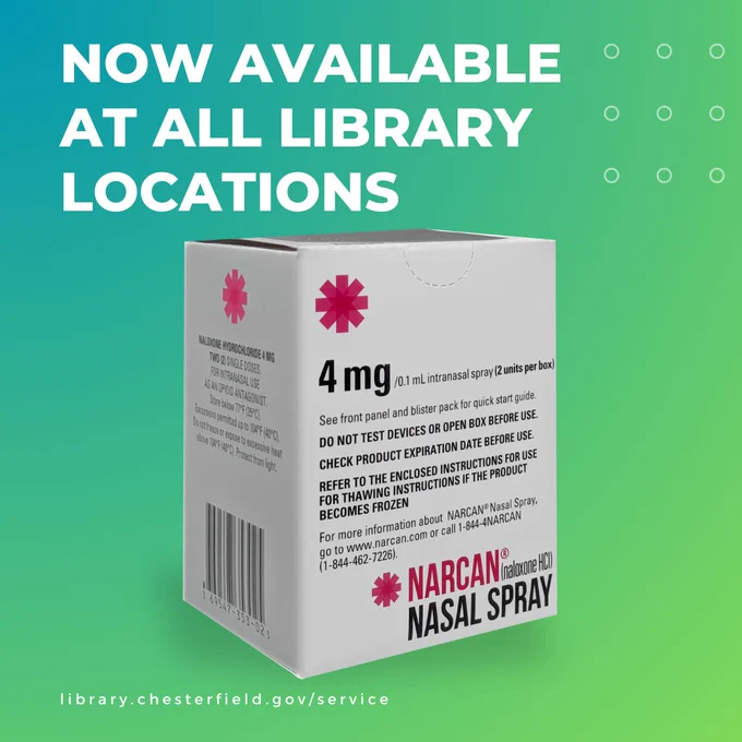 Now available at all library locations. Narcan (naloxone HCI) Nasal Spray. library.chesterfield.gov/service
